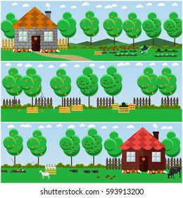Vector set of countryside, rural scene backgrounds, posters, banners in flat style. Fruit and vegetable garden, country house, cottage, domestic animals.