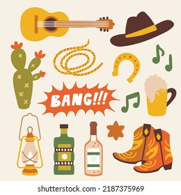 Vector set of county music bar elements: guitar, beer, alcohol drinks, cowboy boots and hat. Wild west collection. Flat vintage icon set.