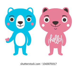Vector set with couple blue and pink bears. Illustration with cute animals and lettering word - Hello. Childish apparel print design, home decoration typography poster