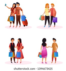 Vector set of couple buyers holding bags for seasonal shopping sale concept.