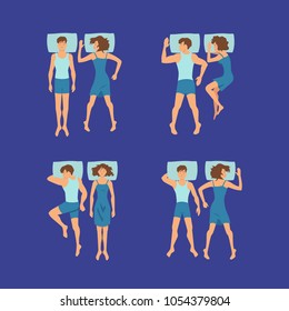 Vector set of couple of man and woman sleeping on pillows poses illustration. Couple rest and sleep in bed, man and woman dream