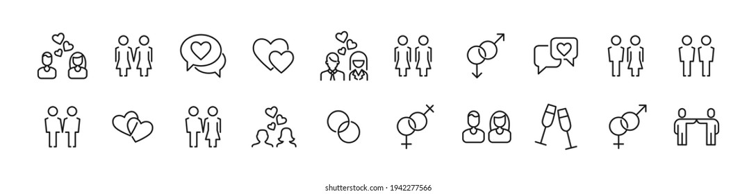 Vector set of couple thin line icons. Design of 20 stroke pictograms. Couple signs isolated on a white background.