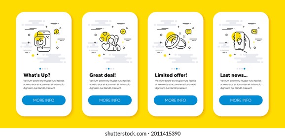 Vector set of Couple, Wedding rings and Mobile like line icons set. UI phone app screens with line icons. Electric app icon. Valentines day, Love, Phone thumbs up. Smartphone lantern. Vector