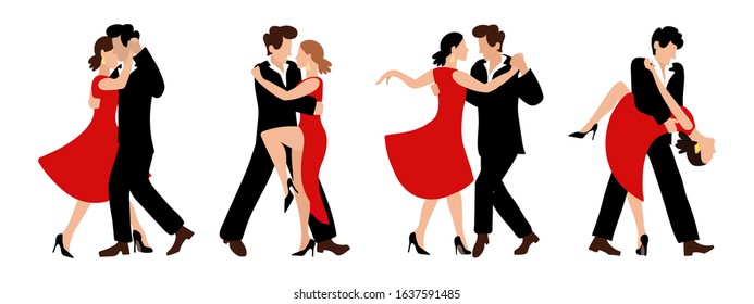 Vector set of couples dancing passionate tango. A woman in a red dress, a man in a black suit. Four couples for design and print of poster, postcard, logo. Pairs dancing ballroom dances tango.