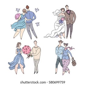Vector set of couples. Different life situations. Gentle pastel colors.