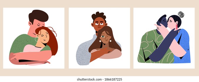Vector set. Couples in love in different poses. Love is what it is. Сolored trendy illustration. Flat design.