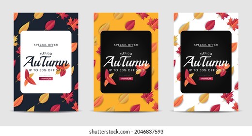 Vector set cover background with colorful leaves. It is suitable for banner, poster, flyer, advertising, etc. Vector illustration