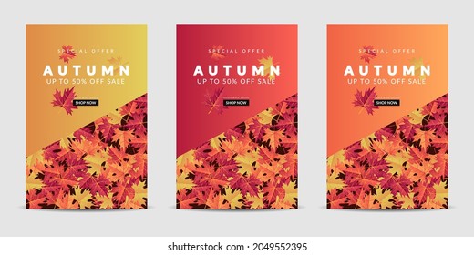 Vector set cover background with colorful leaves. It is suitable for banner, poster, flyer, advertising, etc. Vector illustration