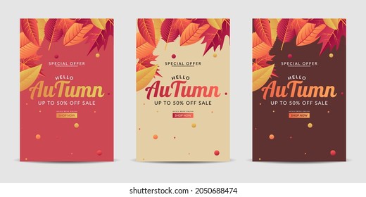 Vector set cover background with colorful leaves. It is suitable for banner, poster, flyer, advertising, etc. Vector illustration