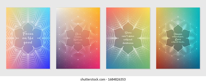 Vector set of cover, banner or poster templates with sacred geometry pattern "Flower of Life"; Colorful futuristic gradients; Shiny lotus and tropical palm leaves; Yoga, meditation and mindfulness.