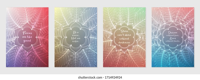 Vector set of cover, banner or poster templates with sacred geometry and place for text; Colorful futuristic gradients; Shiny lotus and tropical palm leaves; Yoga, meditation and mindfulness.