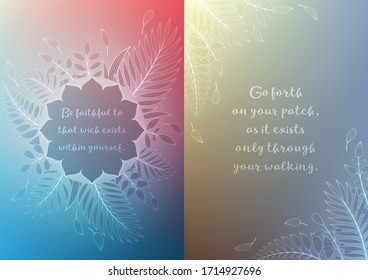 Vector set of cover, banner or poster templates with sacred geometry and place for text; Colorful futuristic gradients; Shiny lotus and tropical palm leaves; Yoga, meditation and mindfulness.