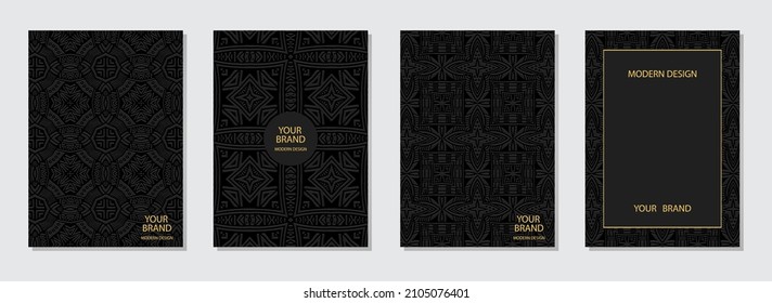 Vector set of cover design. Abstract vertical templates. Geometric 3D pattern. Collection of vintage embossed backgrounds with frame for text. Ethnicity of the peoples of the East, Asia, India, Mexico