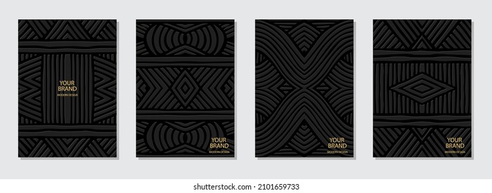 Vector set of cover design. Artistic vertical templates. Geometric 3D pattern. Collection of embossed black backgrounds. Ethnos of the peoples of the East, Asia, India, Mexico, the Aztec in the style 