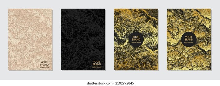 Vector set cover design. Embossed backgrounds, gold marble grunge texture. Geometric 3d pattern. A unique collection of vertical templates for creativity.