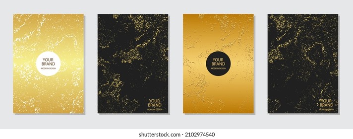 Vector set cover design. Embossed backgrounds, gold marble grunge texture. Geometric 3d pattern with sequins. An artistic collection of vertical templates for creativity.