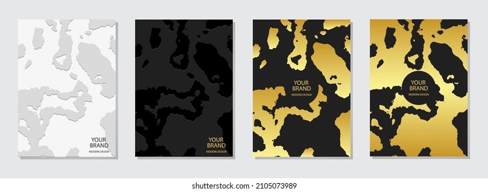 Vector set of cover design. Embossed backgrounds, golden grunge texture. Geometric artistic minimalist 3d pattern. A collection of vertical templates for creativity.