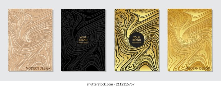 Vector set of cover design. Embossed, beige, gold and black backgrounds. Unique grunge style. Geometric 3d pattern. Collection of vertical templates for banner, cover, postcard and brochure design.