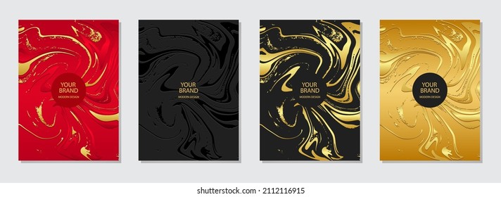 Vector set of cover design. Embossed, red, gold and black backgrounds. Original grunge style. Geometric 3d pattern. Collection of vertical templates.