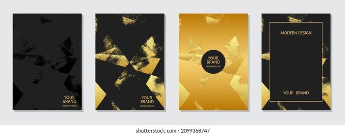 Vector set of cover design, grunge collection. Embossed backgrounds, golden texture. Geometric 3D pattern. Original vertical templates for catalog, brochure template, magazine layout, flyer.