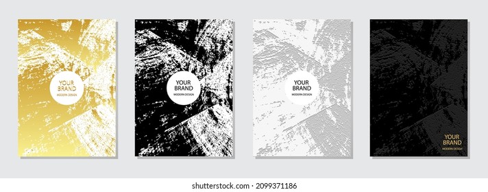 Vector set of cover design, grunge art collection. Embossed backgrounds, gold and white texture. Geometric 3D pattern. Vertical templates for catalog, brochure template, magazine layout, flyer. 