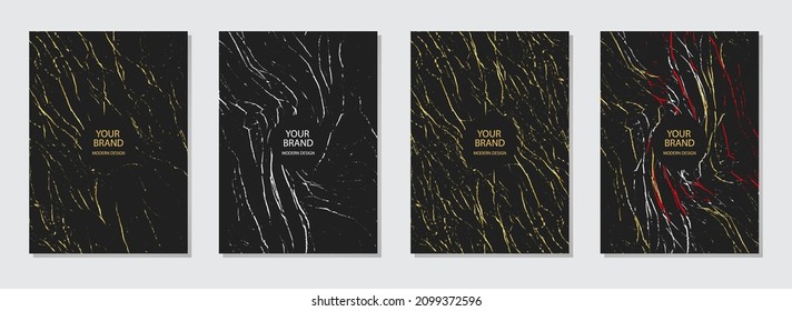 Conjunto vectorial de diseño de portada, colección de grunge. Fondo negro, textura dorada. Patrón de mármol geométrico. Plantillas verticales para catálogo, plantilla de folleto, diseño de revista, volante.
