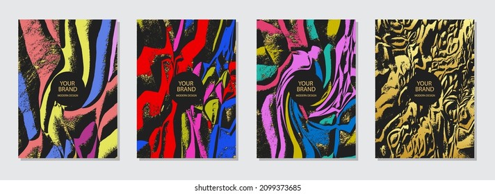 Vector set of cover design, grunge collection. Colorful backgrounds. Geometric pattern, golden texture, avant-garde style. Vertical templates for catalog, brochure template, magazine layout, flyer.