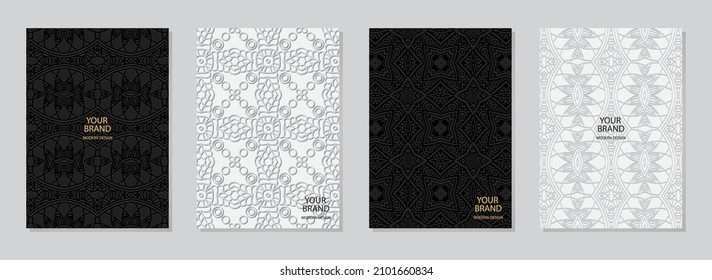 Vector set of cover design. Luxury vertical templates. Geometric 3D pattern. Collection of embossed backgrounds. Ethnos of the peoples of the East, Asia, India, Mexico, the Aztec.