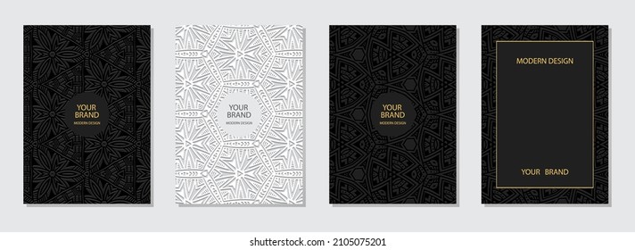 Vector set of cover design. Luxury vertical templates. Geometric 3D pattern. Collection of vintage embossed backgrounds with frame for text. Ethnicity of the peoples of the East, Asia, India, Mexico, 
