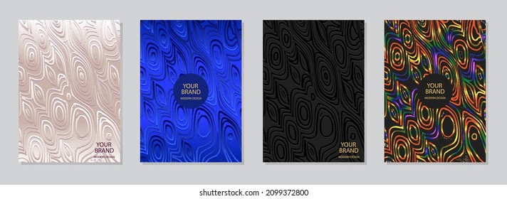 Conjunto vectorial de diseño de portada, colección moderna de grunge. Coloridos fondos en relieve. Patrón geométrico 3D. Plantillas verticales para catálogo, plantilla de folleto, diseño de revista, volante.