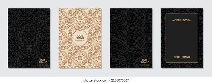 Vector set of cover design. Original vertical templates. Geometric 3D pattern. Collection of vintage embossed backgrounds with frame for text. Ethnicity of the peoples of the East, Asia, India, Mexico