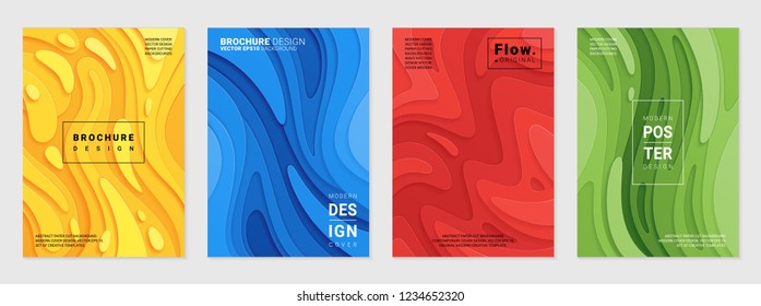 Vector set of cover design template with paper cutting abstract patterns; Modern colorful bright gradient; Realistic carving art; Vector 3d templates; Material design concept.