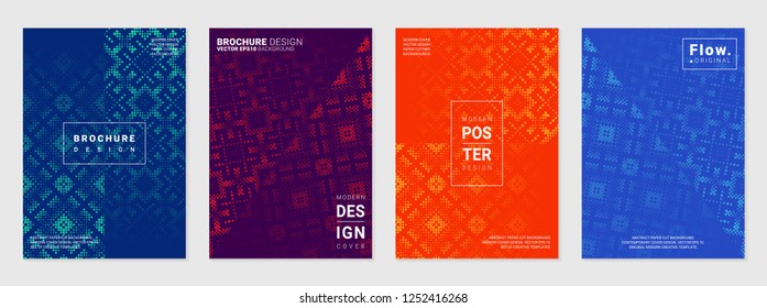 Vector set of cover design template with minimal geometric patterns; Mixed styles - ancient ethnic embroidery and digital pixel art; Modern different color gradient.