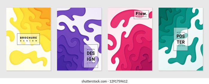 Vector set of cover design template with paper cutting abstract patterns; Modern colorful bright gradient; Realistic carving art; Vector 3d templates; Material design concept.