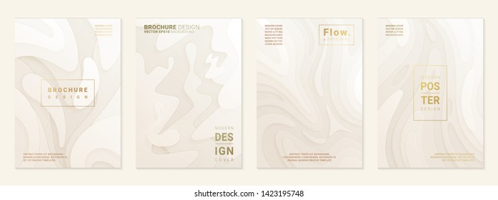 Conjunto de vectores de la plantilla de diseño de portada con patrones abstractos de corte de papel; Gradiente blanco moderno; Arte de tallado realista; Plantillas vectoriales 3d; Concepto de diseño de material.