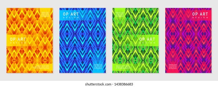 Vector set of cover design template with op art bright geometric patterns, modern different acid colors.