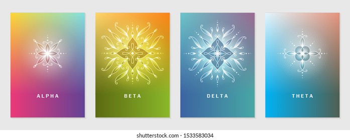 Vector set of cover design template with sacred geometry abstract elements; Modern colorful bright gradient; Shiny floral geometric mandalas; Yoga, meditation and mindfulness concept.