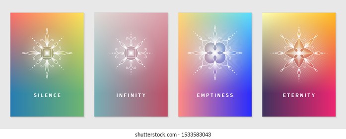 Vector set of cover design template with sacred geometry abstract elements; Modern colorful bright gradient; Shiny floral geometric mandalas; Yoga, meditation and mindfulness concept.