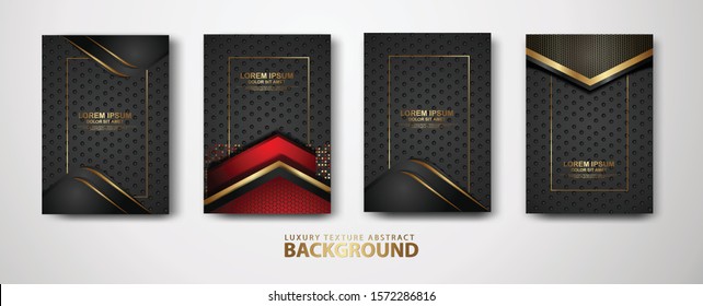 Vector set of cover design template with futuristic and dynamic dark red combine black color, overlap layers background with glitters effect. Realistic dots on textured dark background