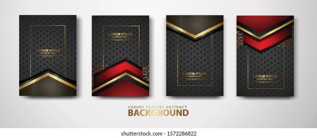 Vector set of cover design template with futuristic and dynamic dark red combine black color, overlap layers background with glitters effect. Realistic dots on textured dark background