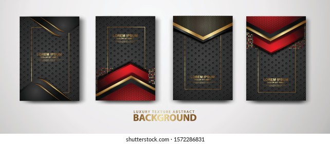 Vector set of cover design template with futuristic and dynamic dark red combine black color, overlap layers background with glitters effect. Realistic dots on textured dark background