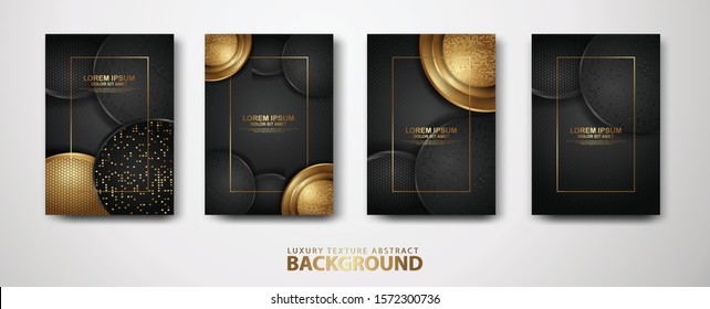 Vector set of cover design template with luxurious black and gold color, overlap layers background with glitters effect. Realistic dots on textured dark background