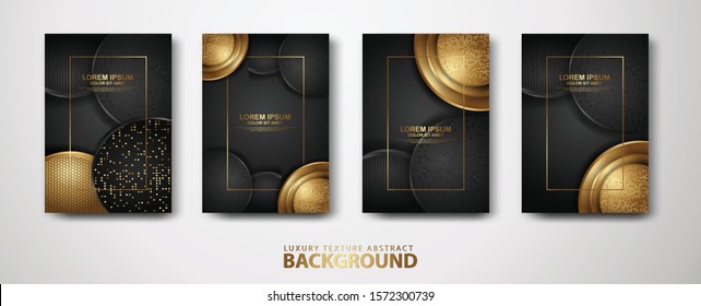 Vector set of cover design template with luxurious black and gold color, overlap layers background with glitters effect. Realistic dots on textured dark background