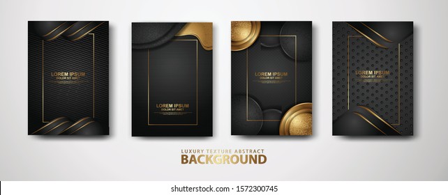 Vector set of cover design template with luxurious black and gold color, overlap layers background with glitters effect. Realistic dots on textured dark background