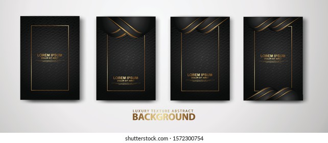 Vector set of cover design template with luxurious black and gold color, overlap layers background with glitters effect. Realistic dots on textured dark background