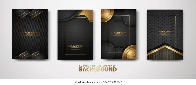 Vector set of cover design template with luxurious black and gold color, overlap layers background with glitters effect. Realistic dots on textured dark background