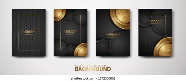 Vector set of cover design template with luxurious black and gold color, overlap layers background with glitters effect. Realistic dots on textured dark background