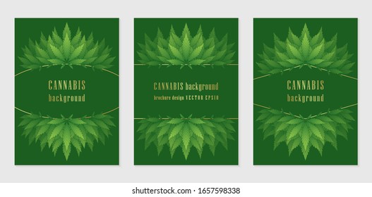 Vektorillustration-Set mit Cover-Design-Vorlage mit wunderbarem Rahmen oder Rahmen von Cannabisblättern; Kontrast grüne Hintergründe mit goldenen Elementen und grünen Sommereien für Produkte und Druck mit Marihuana.