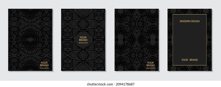 Vector set of cover design, vertical templates, frame for text.Geometric 3D pattern. Ethnic vintage collection of embossed black backgrounds. Oriental, Indonesian, Mexican, Aztec motives.