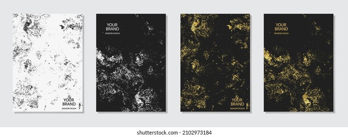 Vector set cover design. White and black backgrounds, golden marble grunge texture. Geometric pattern with sequins. A unique collection of vertical templates for creativity.